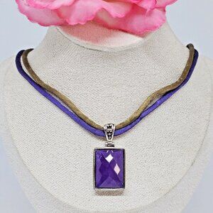 XS THAI 925 Sterling Silver Faceted Amethyst Pendant Silk Cord Choker Necklace